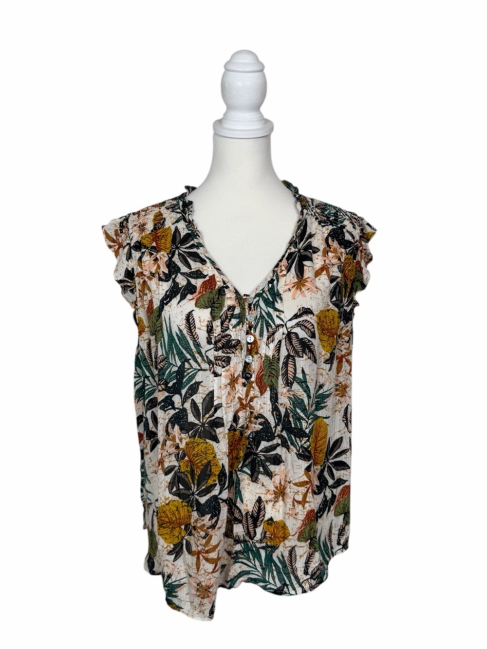 Daniel Rainn XL Boho Floral Blouse Tropical Print Flutter Sleeve Lightweight Top